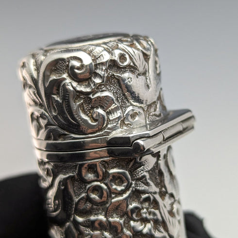 1896 British Antique Sterling Silver Relief Bird Sculpture Portable Perfume Bottle Sampson Mordan